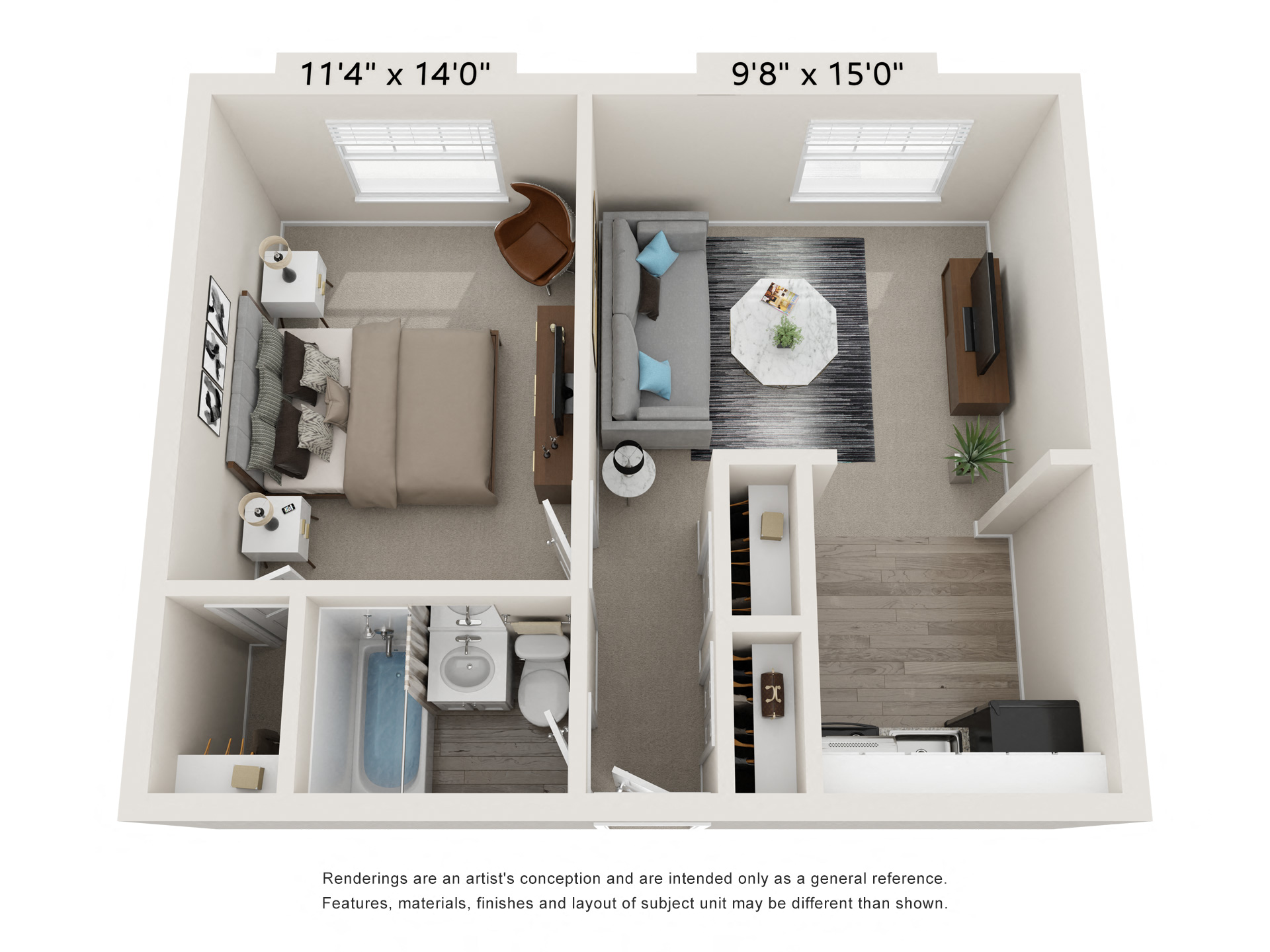 Floor plan for 1 bed, 1 bath, 620 sqft